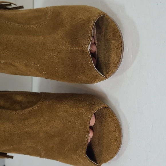 Indigo Road Rd Irfume Peep Toe Heeled Fringe Ankle Boots- Faux Suede Camel Brown - Picture 5 of 12